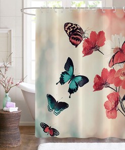 Floral Blossom Shower Curtain With Flying Butterflies Print, Waterproof Fabric For Bathroom Decor