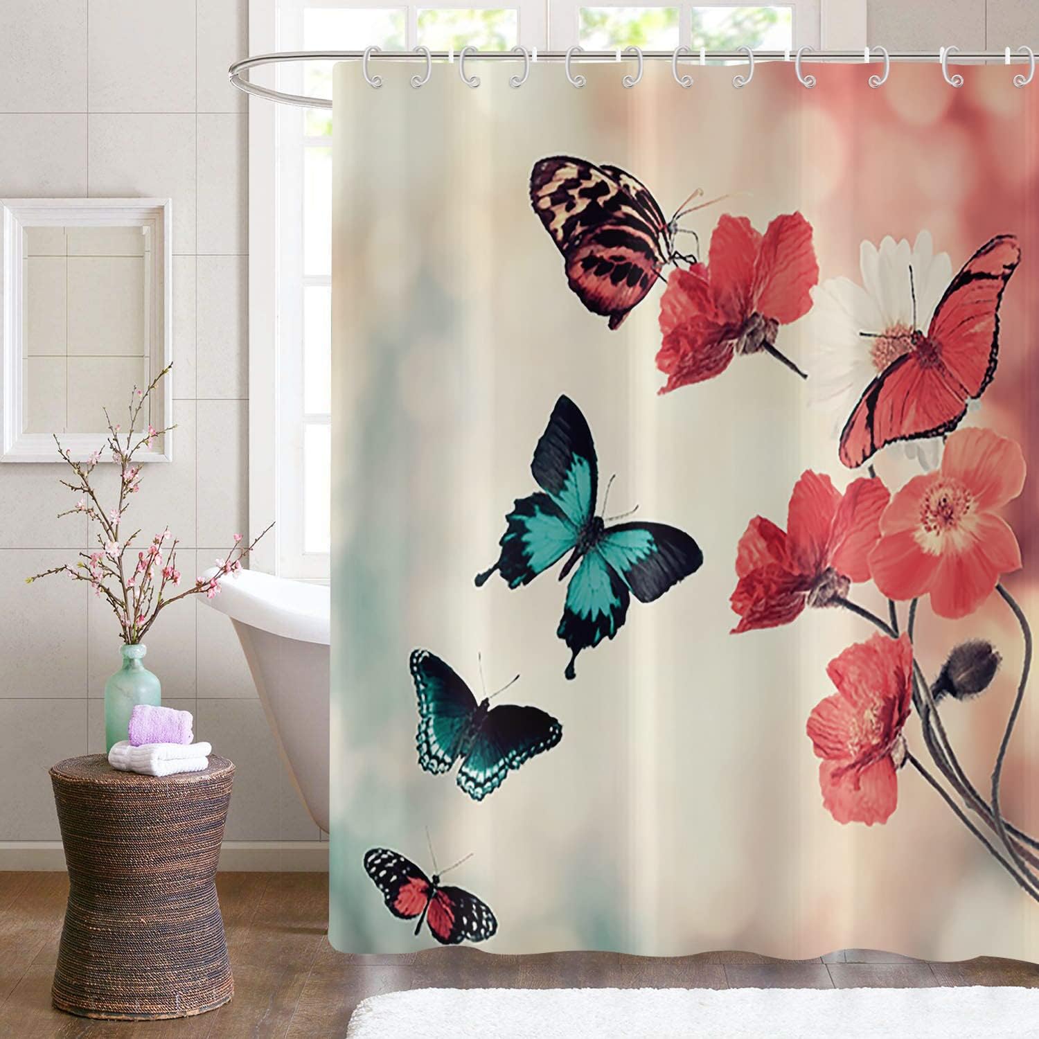 Floral Blossom Shower Curtain With Flying Butterflies Print, Waterproof Fabric For Bathroom Decor