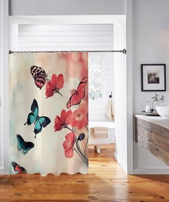 Floral Blossom Shower Curtain With Flying Butterflies Print, Waterproof Fabric For Bathroom Decor