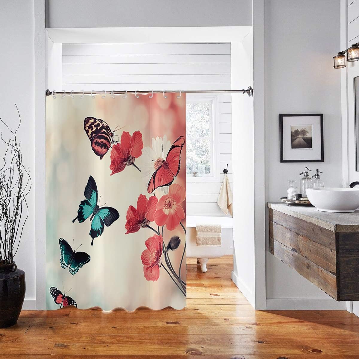 Floral Blossom Shower Curtain With Flying Butterflies Print, Waterproof Fabric For Bathroom Decor