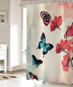 Floral Blossom Shower Curtain With Flying Butterflies Print, Waterproof Fabric For Bathroom Decor