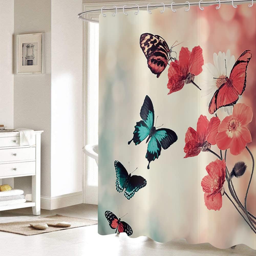 Floral Blossom Shower Curtain With Flying Butterflies Print, Waterproof Fabric For Bathroom Decor