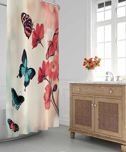 Floral Blossom Shower Curtain With Flying Butterflies Print, Waterproof Fabric For Bathroom Decor