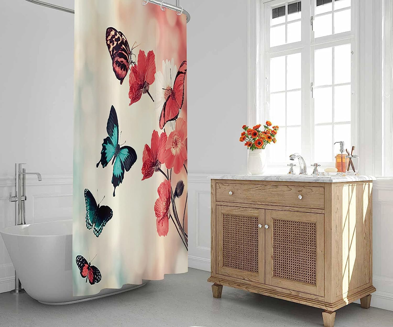 Floral Blossom Shower Curtain With Flying Butterflies Print, Waterproof Fabric For Bathroom Decor