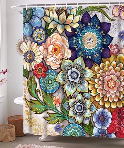 Floral Boho Shower Curtain - Bright Multicolor Bohemian Bathroom Curtain With Beautiful Cloth Fabric