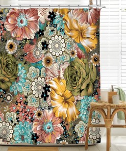 Floral Boho Shower Curtain - Bright Multicolor Bohemian Bathroom Curtain With Beautiful Cloth Fabric