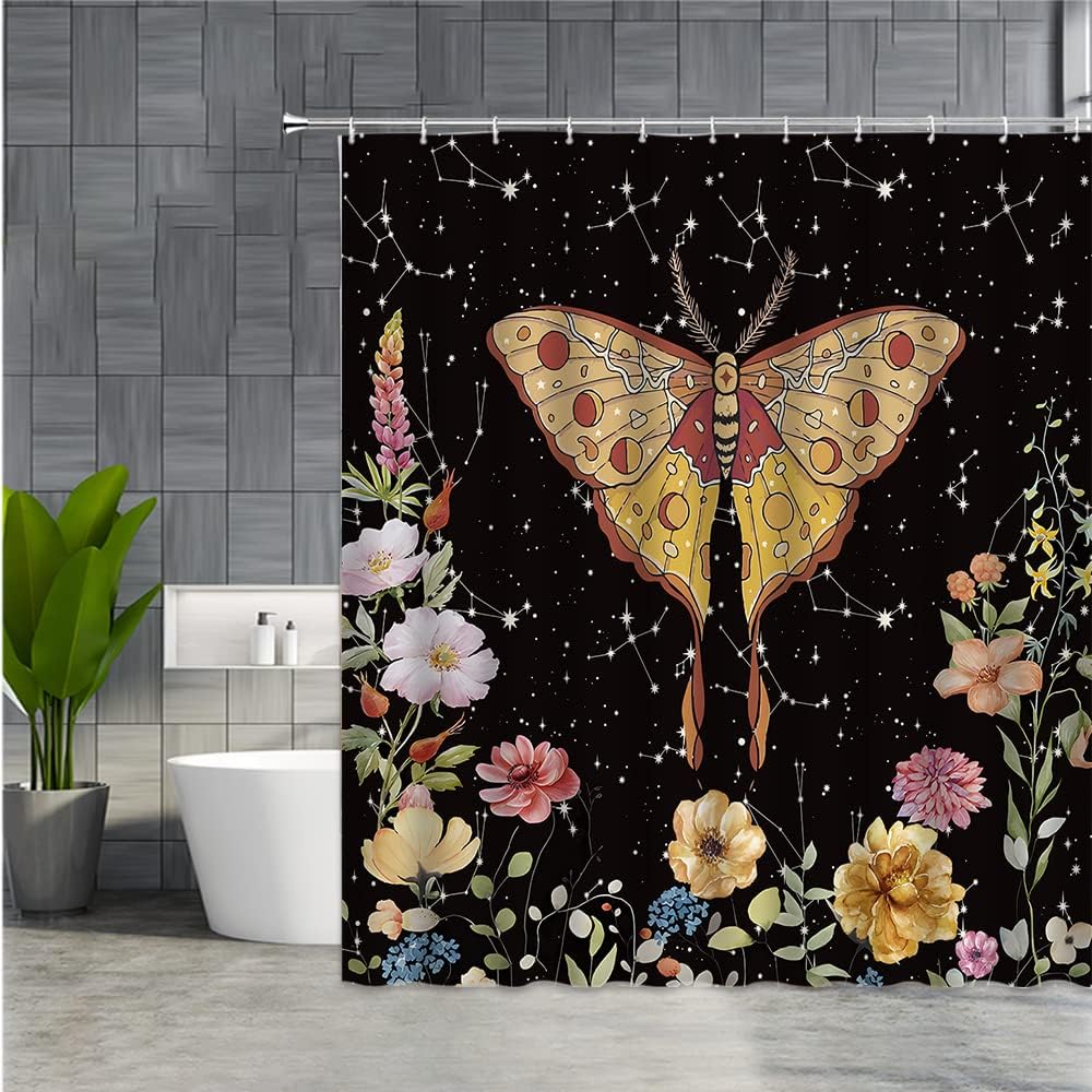Floral Butterfly Phase Moth Shower Curtain By Dephoto - A Vignette Of Celestial Beauty For Your Bathroom - Image 2