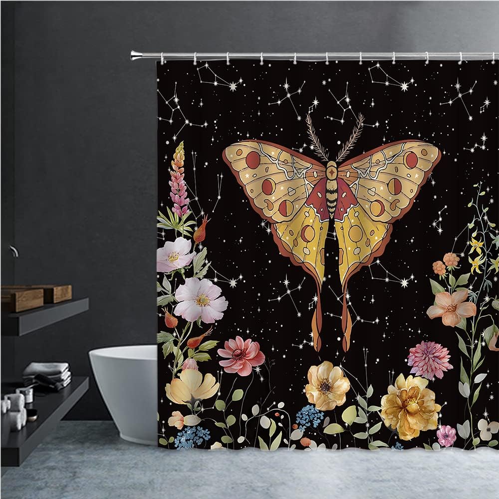 Floral Butterfly Phase Moth Shower Curtain By Dephoto - A Vignette Of Celestial Beauty For Your Bathroom - Image 3