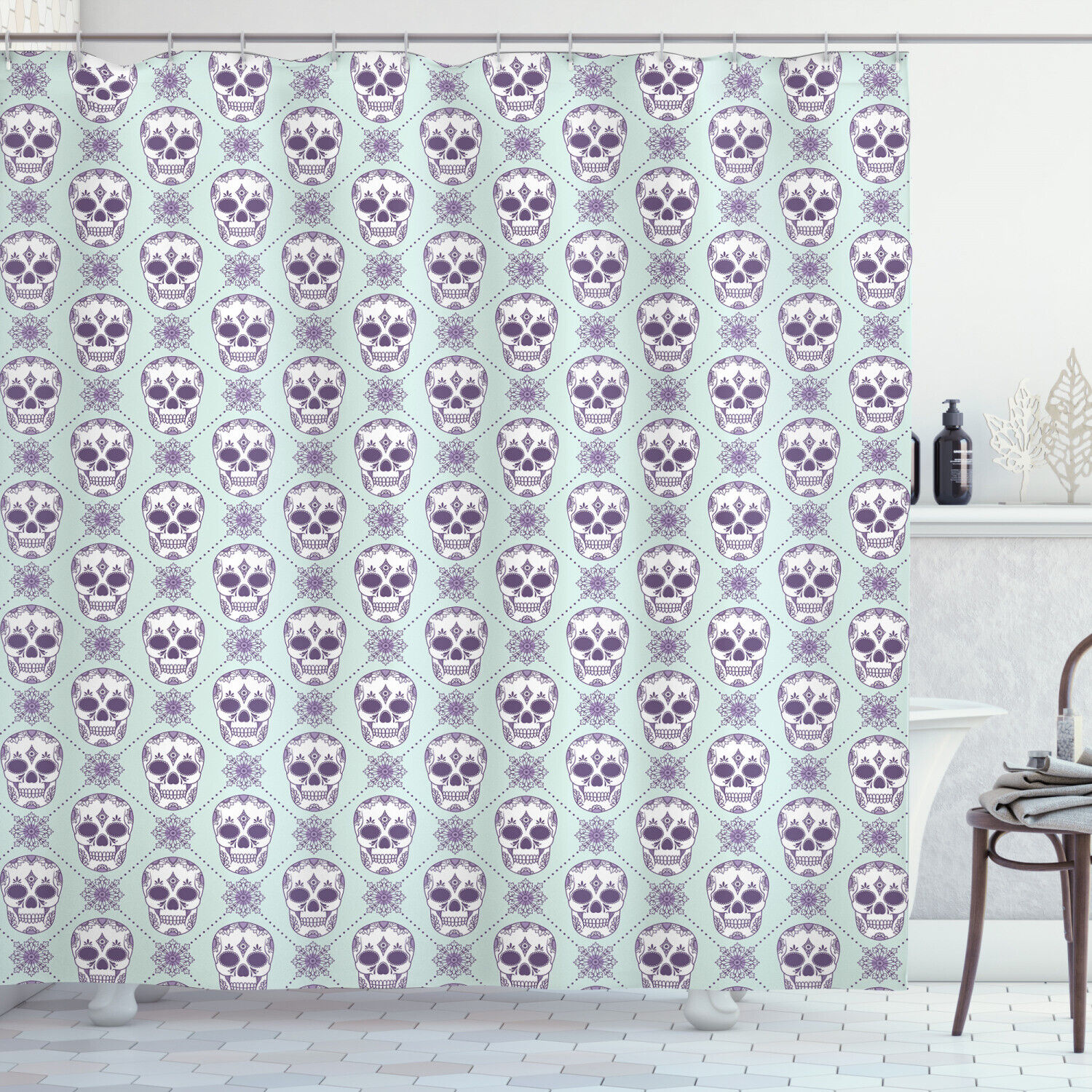 Floral Damask Skulls Geometric Pattern Shower Curtain For Modern Bathroom Decor