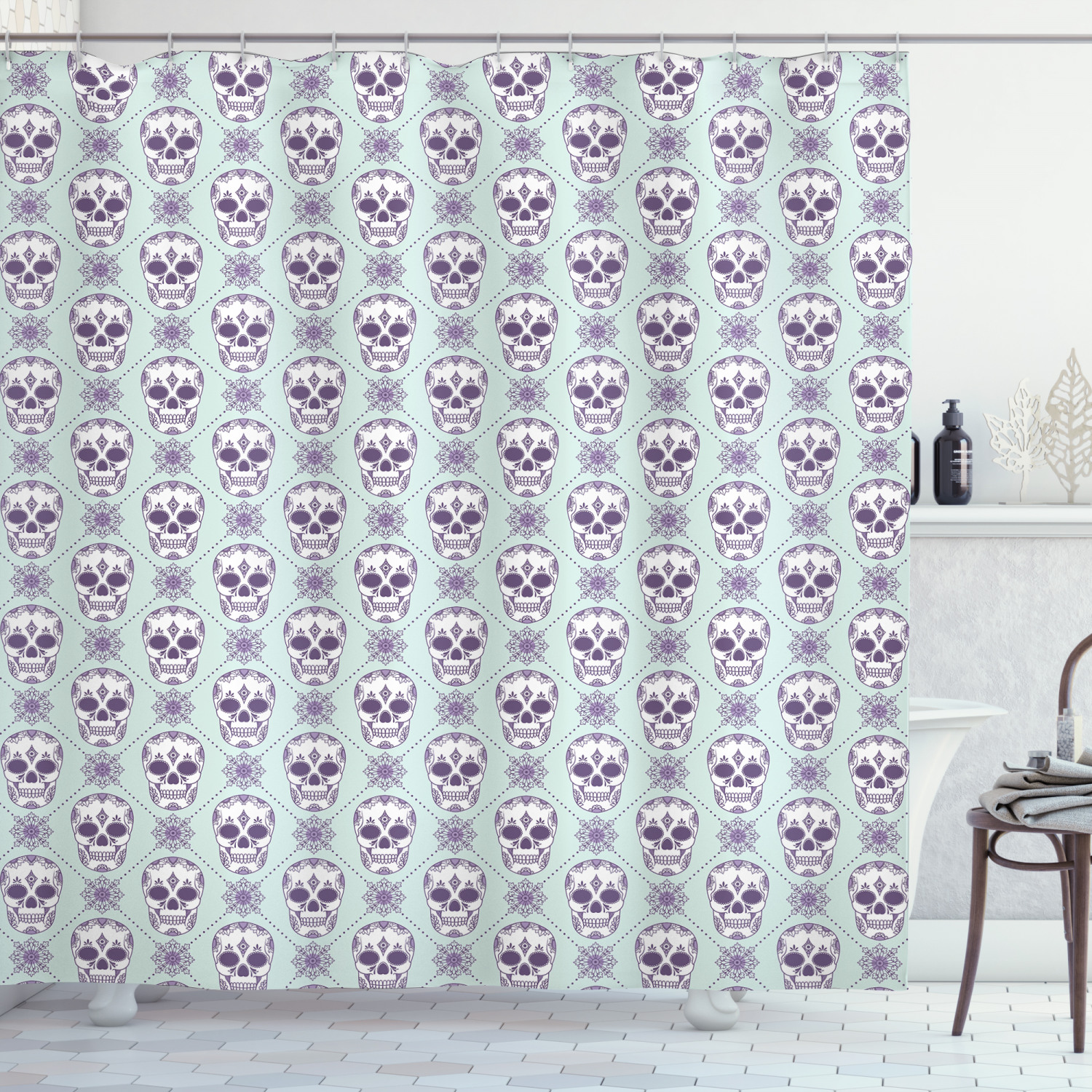 Floral Damask Skulls Geometric Pattern Shower Curtain For Modern Bathroom Decor
