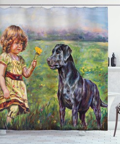 Floral Dog And Girl Print Colorful Shower Curtain For A Playful Bathroom Theme
