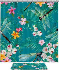 Floral Dragonflies Palm Tree Leaves Pattern Shower Curtain For Nature Lover Bathroom Decor