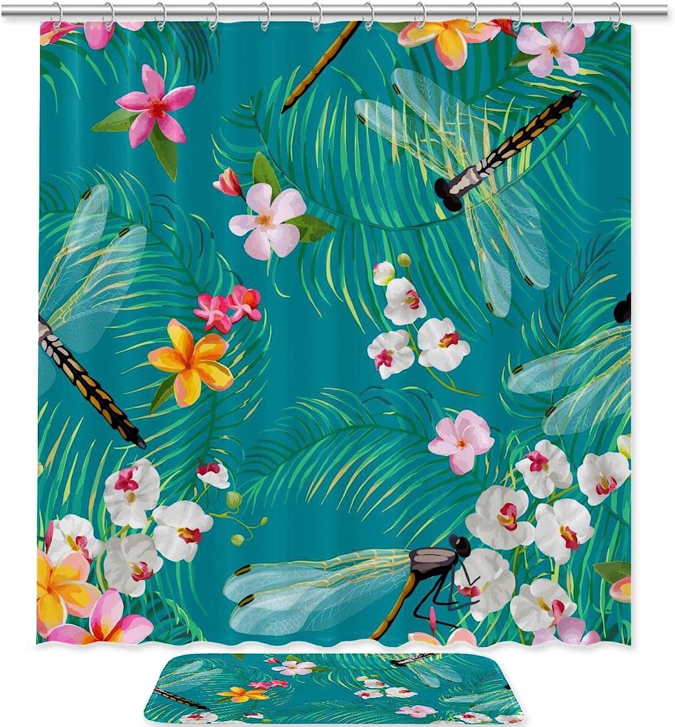 Floral Dragonflies Palm Tree Leaves Pattern Shower Curtain For Nature Lover Bathroom Decor