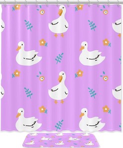 Floral Ducks Shower Curtain And Mat Set For Rustic Bathroom Decor