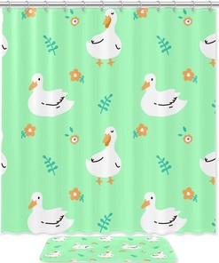 Floral Ducks Waterproof Shower Curtain Set For Cute Bathroom Design
