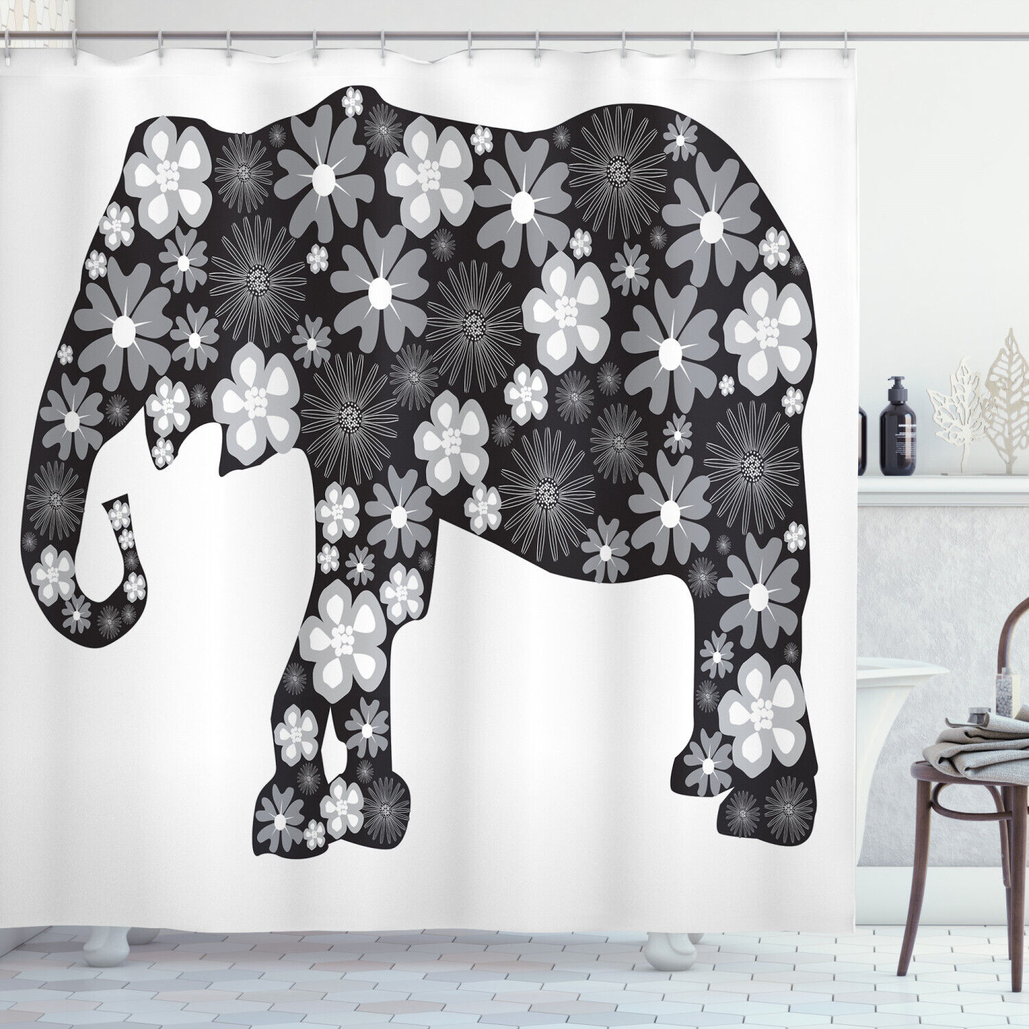 Floral Elephant Pattern Print Animal Shower Curtain For Vintage Bathroom