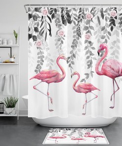 Floral Flamingo Pink Eucalyptus Leaf Print Shower Curtain, Perfect for a Fun and Playful Bathroom