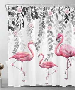 Floral Flamingo Pink Eucalyptus Leaf Print Shower Curtain, Perfect for a Fun and Playful Bathroom