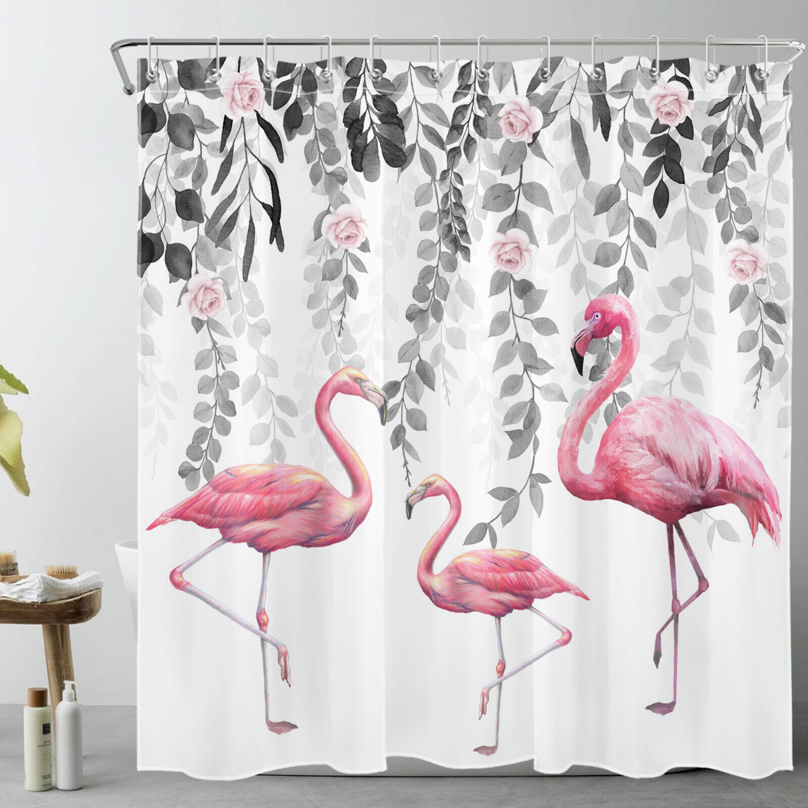 Floral Flamingo Pink Eucalyptus Leaf Print Shower Curtain, Perfect for a Fun and Playful Bathroom