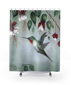 Floral Fuscia Hummingbird Shower Curtain For Bathroom Decor