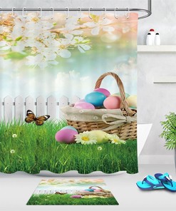 Floral Grass Butterfly Easter Eggs Shower Curtain For Bathroom Decor