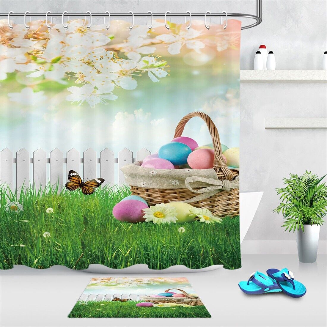 Floral Grass Butterfly Easter Eggs Shower Curtain For Bathroom Decor