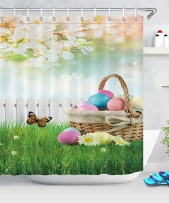 Floral Grass Butterfly Easter Eggs Shower Curtain For Bathroom Decor