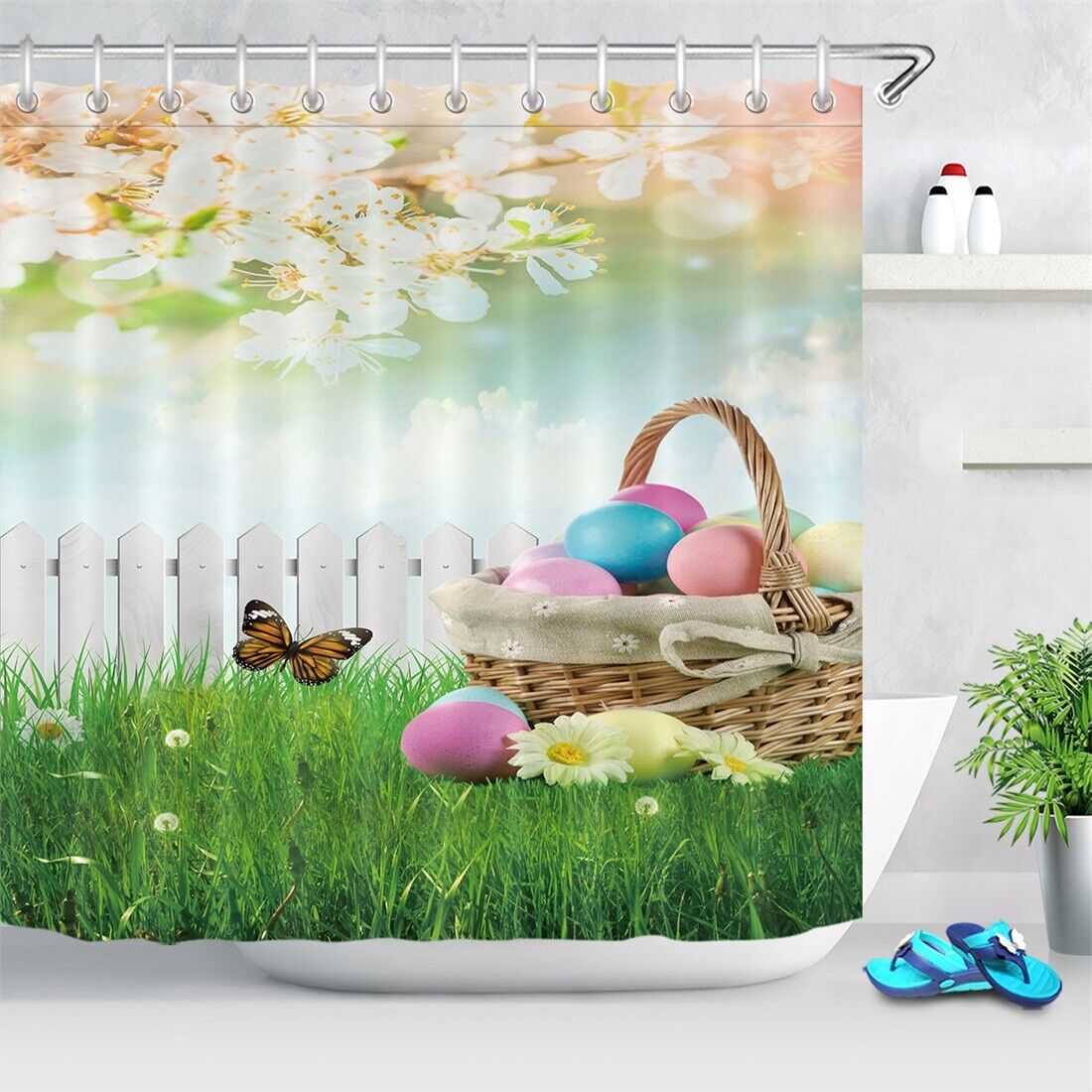 Floral Grass Butterfly Easter Eggs Shower Curtain For Bathroom Decor