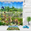 Floral Green Grass And Wood Fence Easter Rabbits Shower Curtain For Bathroom Decor
