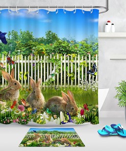 Floral Green Grass And Wood Fence Easter Rabbits Shower Curtain For Bathroom Decor