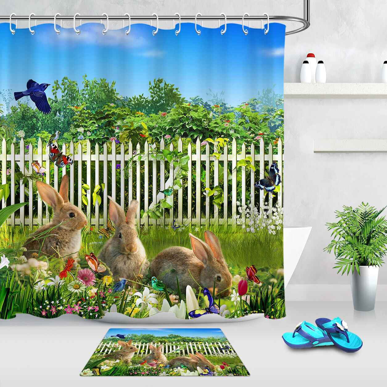 Floral Green Grass And Wood Fence Easter Rabbits Shower Curtain For Bathroom Decor