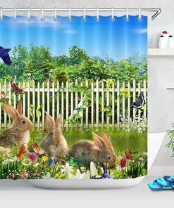 Floral Green Grass And Wood Fence Easter Rabbits Shower Curtain For Bathroom Decor
