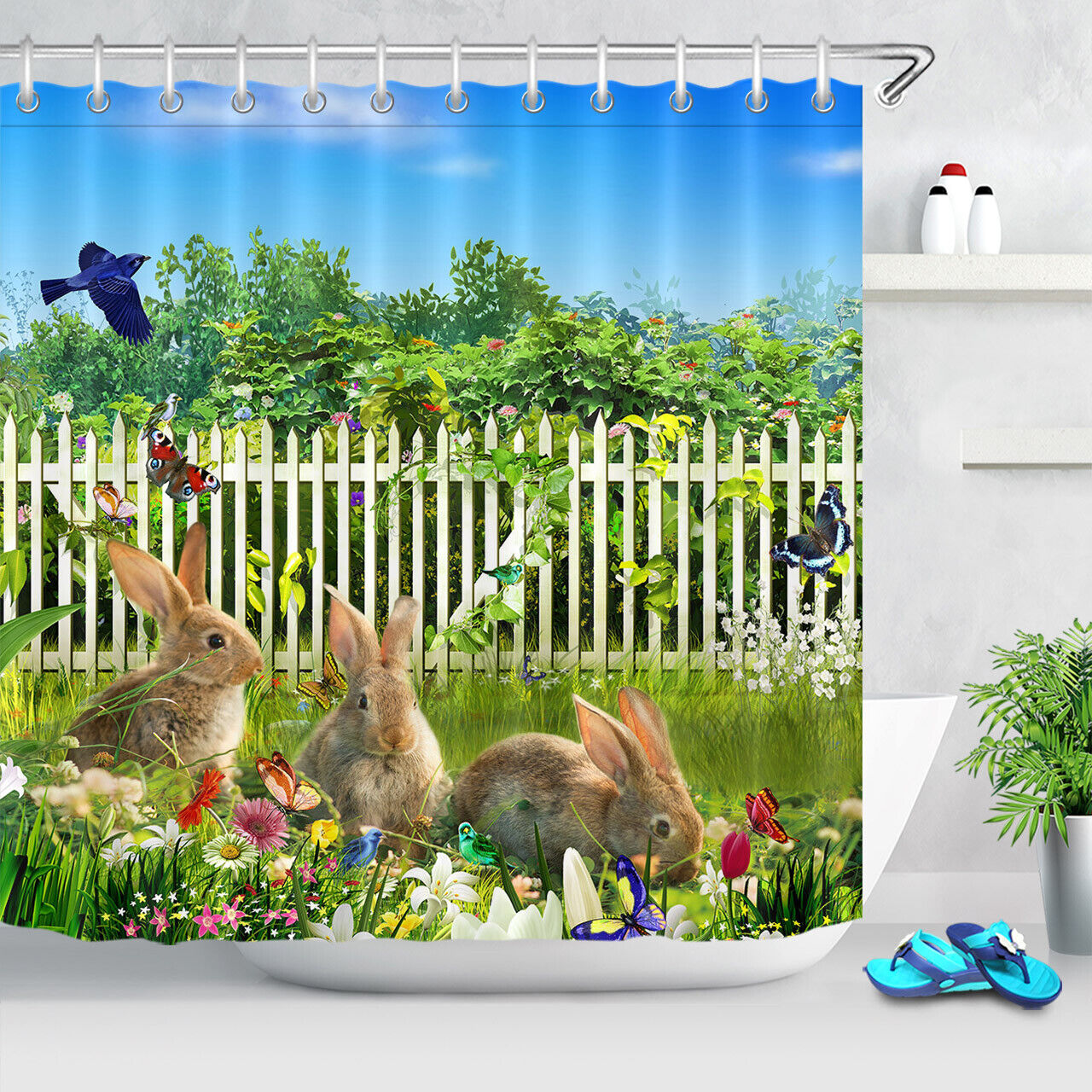 Floral Green Grass And Wood Fence Easter Rabbits Shower Curtain For Bathroom Decor