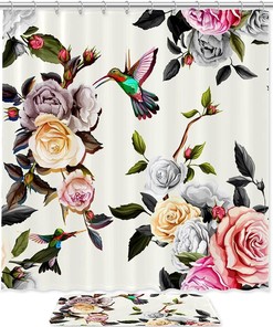 Floral Hummingbirds Print Shower Curtain, Set of 2, Waterproof Fabric for Bathroom Decor