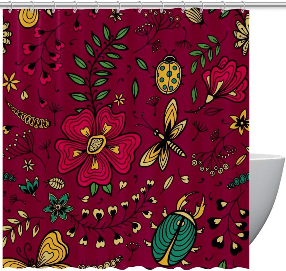 Floral Ladybug Dragonfly Shower Curtain - A Delightful Addition to Your Bathroom