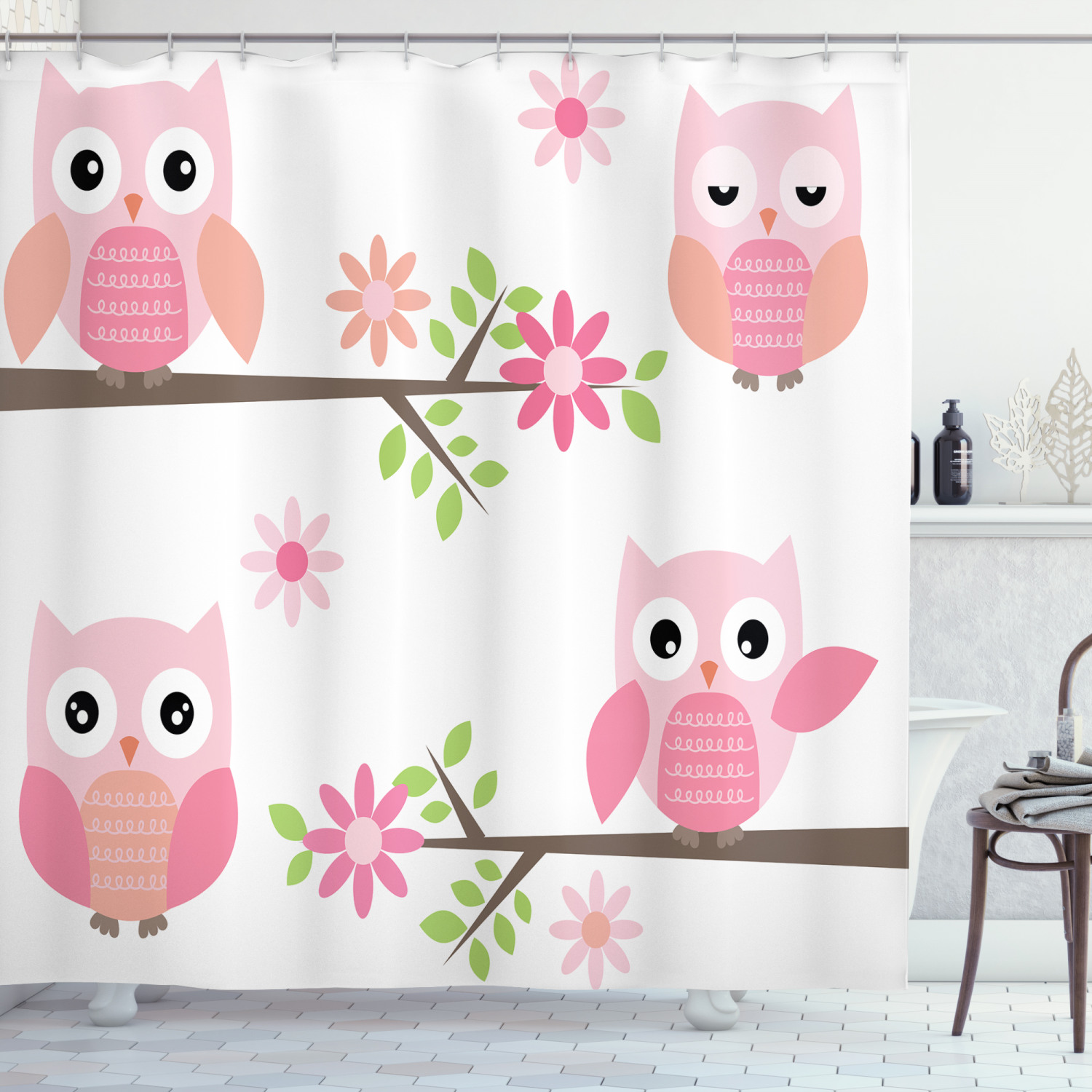 Floral Owl Print Shower Curtain for Baby's Bathrooms