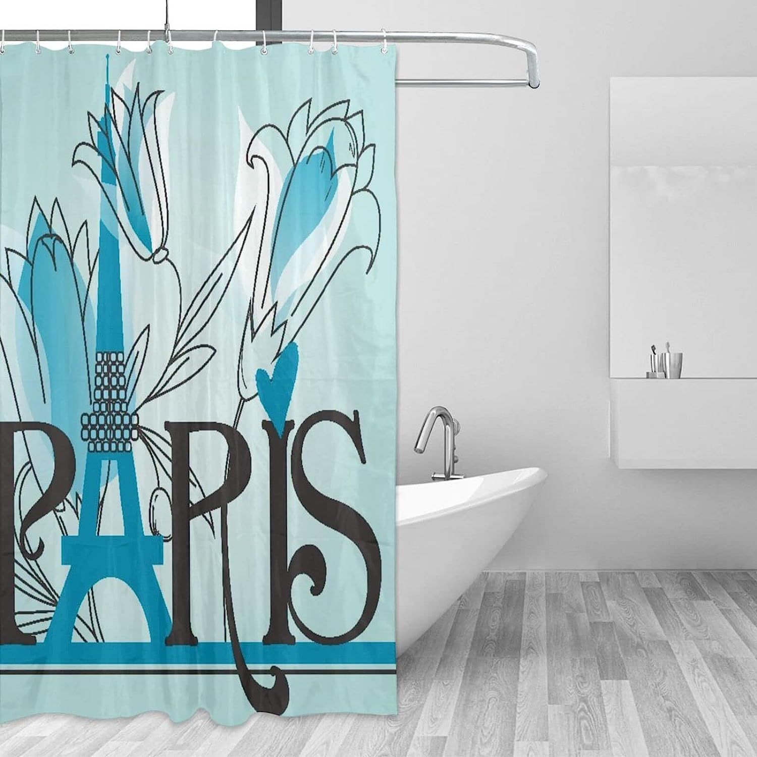 Floral Paris Eiffel Tower Theme Print Shower Curtain for Bathroom