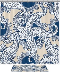 Floral Pattern Octopus Ocean Print Waterproof Shower Curtain for Bathroom