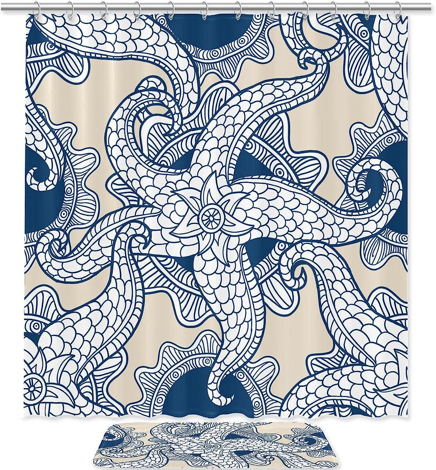 Floral Pattern Octopus Ocean Print Waterproof Shower Curtain for Bathroom