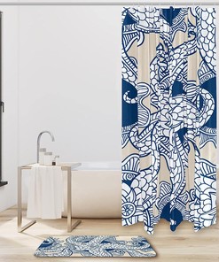 Floral Pattern Octopus Ocean Print Waterproof Shower Curtain for Bathroom
