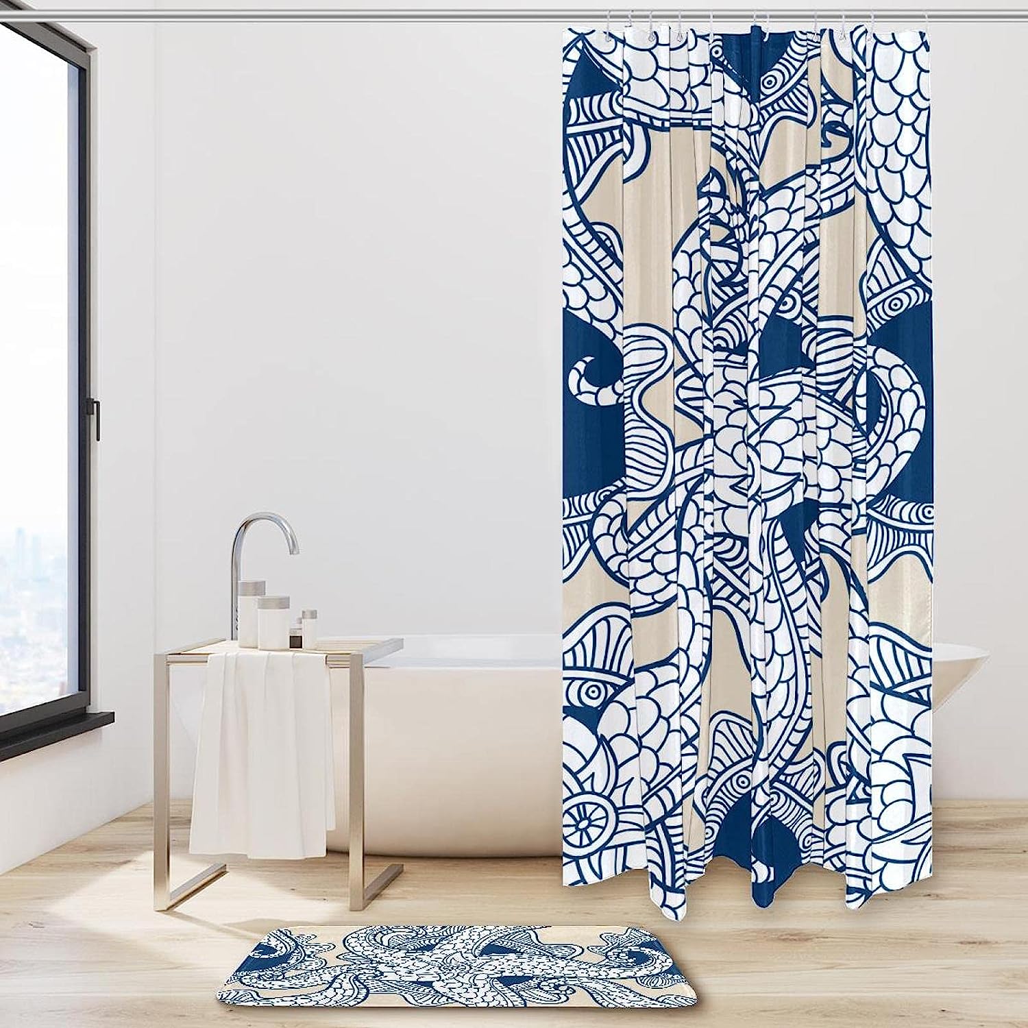 Floral Pattern Octopus Ocean Print Waterproof Shower Curtain for Bathroom