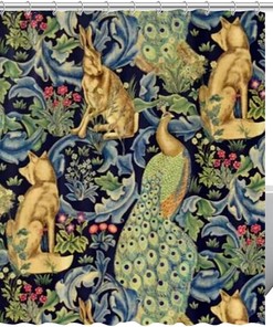 Floral Peacock Fox Rabbit Fabric Shower Curtain for Bathroom Decor