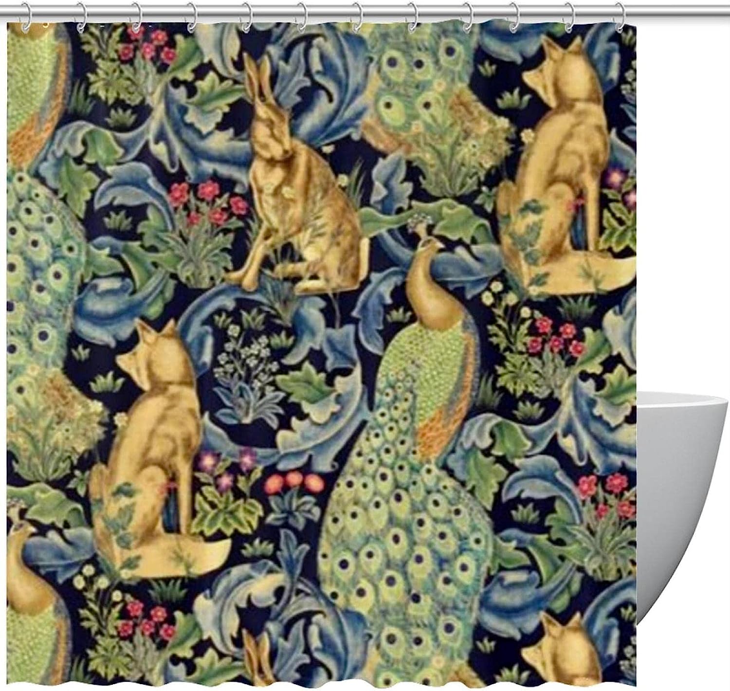 Floral Peacock Fox Rabbit Fabric Shower Curtain for Bathroom Decor