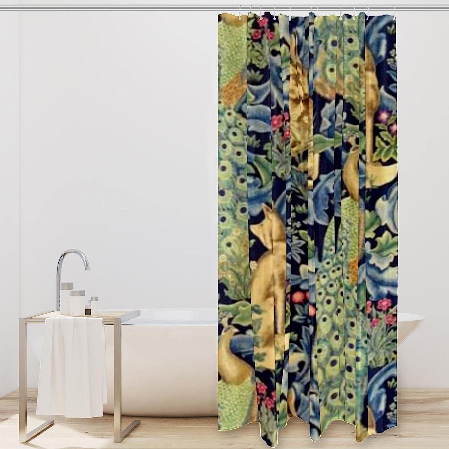 Floral Peacock Fox Rabbit Fabric Shower Curtain for Bathroom Decor