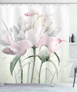 Floral Pink Roses Tulips Garden Leaves Shower Curtain, Petals And Buds Detailed Print Cloth Fabric Bathroom Decors