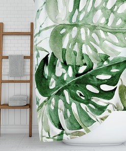Floral Plants Watercolor Nature Bath Set With Large Monstera And Tropical Green Leaves Print