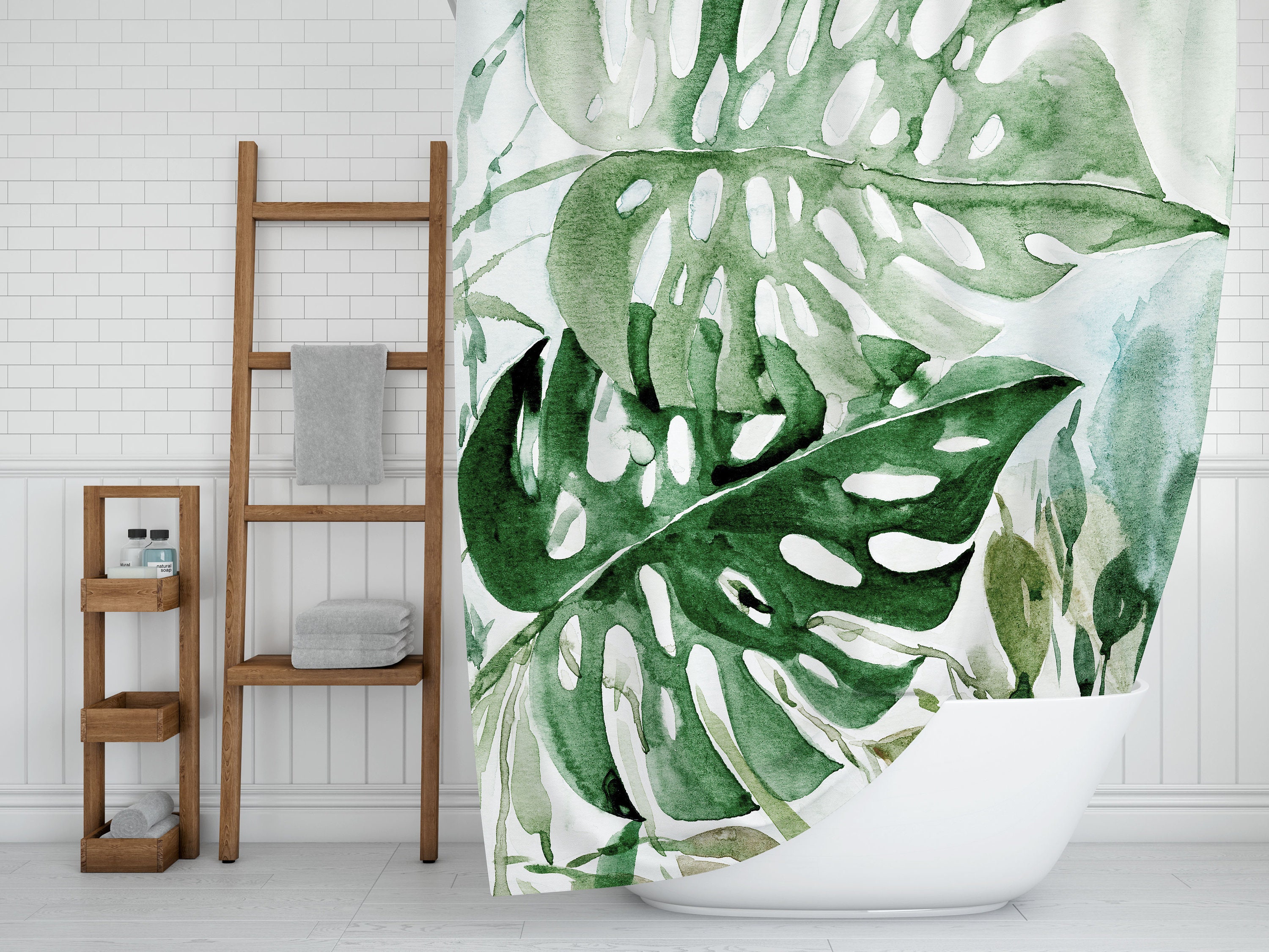 Floral Plants Watercolor Nature Bath Set With Large Monstera And Tropical Green Leaves Print