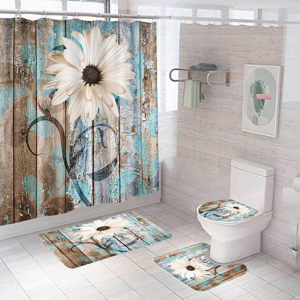 Floral Print Shower CurtainRustic Wood Bathroom Decor for Women & Kids