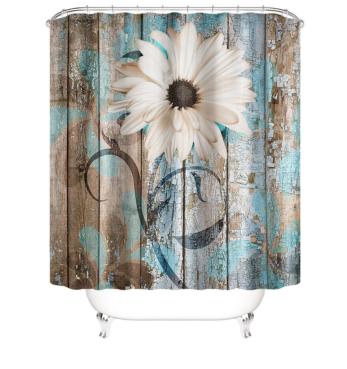 Floral Print Shower CurtainRustic Wood Bathroom Decor for Women & Kids