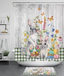 Floral Rabbit Green Plaid Easter Egg Shower Curtain, Perfect for Your Easter Bathroom Decor